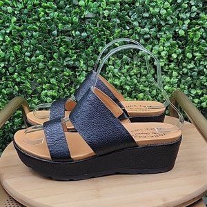 Kork-Ease Womens Kane Leather Open Toe Double Strap Slide Sandals Black Size 6
